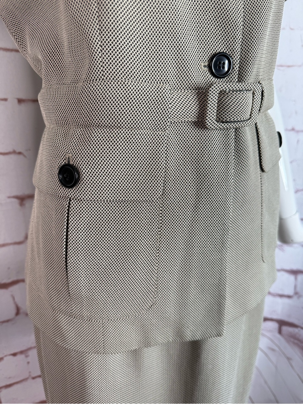 80s VTG ANN TAYLOR Petite 2 Piece Black & Tan Belted Jacket Pencil Skirt Suit 8P - Picture 6 of 15